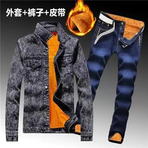Winter Men Fleece Lining Thick Warm Denim Two Piece Set