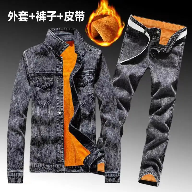 Winter Men Fleece Lining Thick Warm Denim Two Piece Set