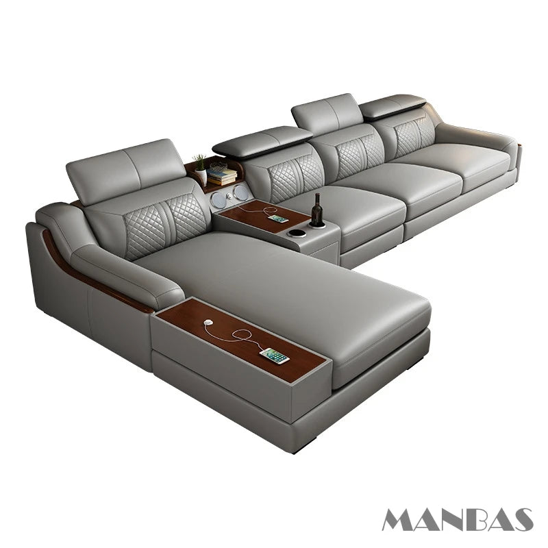 Stylish Italian Genuine Leather Sofa w/Adjustable Headrests & Bluetooth Speaker
