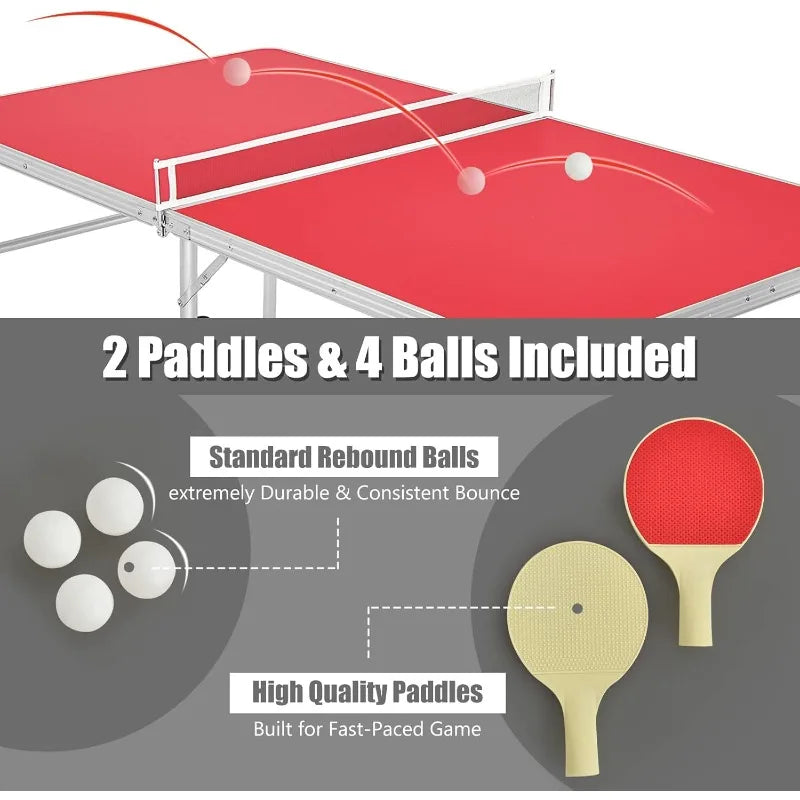 Foldable Table Tennis Table with Net, 2 Paddles, Ping Pong Balls,