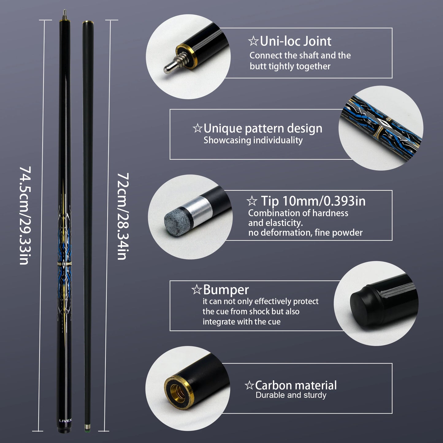 Professional Pool Cue 10mm Carbon Fiber Blue Mechanical