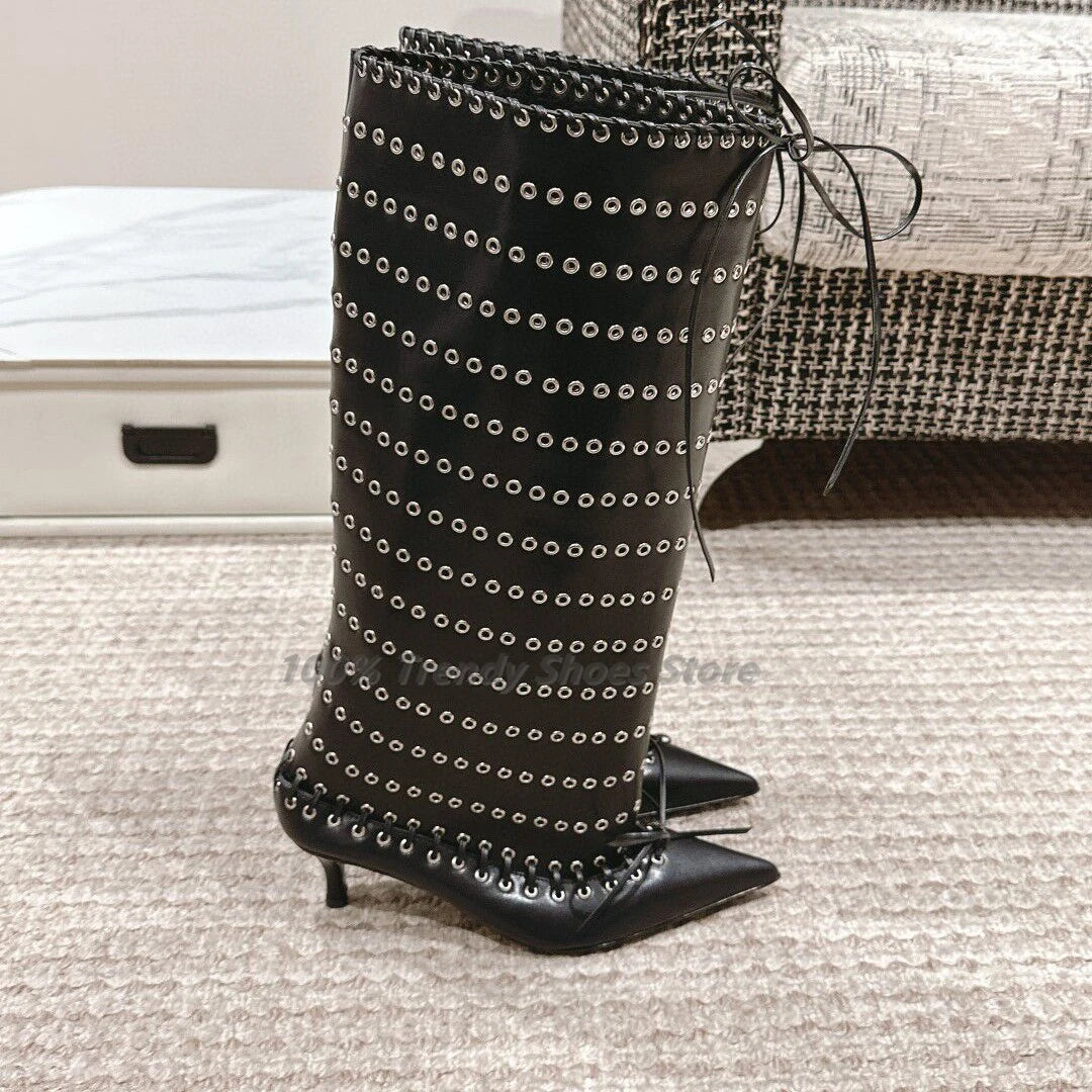 Cowhide Rivet Fashion Boots Big Tube Runway Style