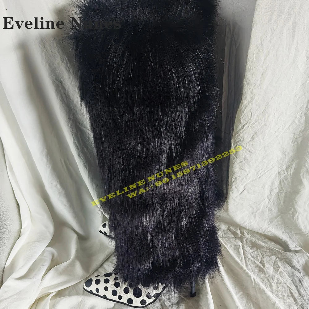 Fur Black Polka Dots Sexy Snow Boots Pointed Toe Thin Heels