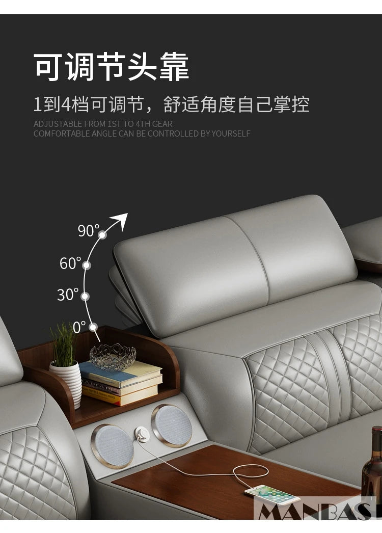 Stylish Italian Genuine Leather Sofa w/Adjustable Headrests & Bluetooth Speaker