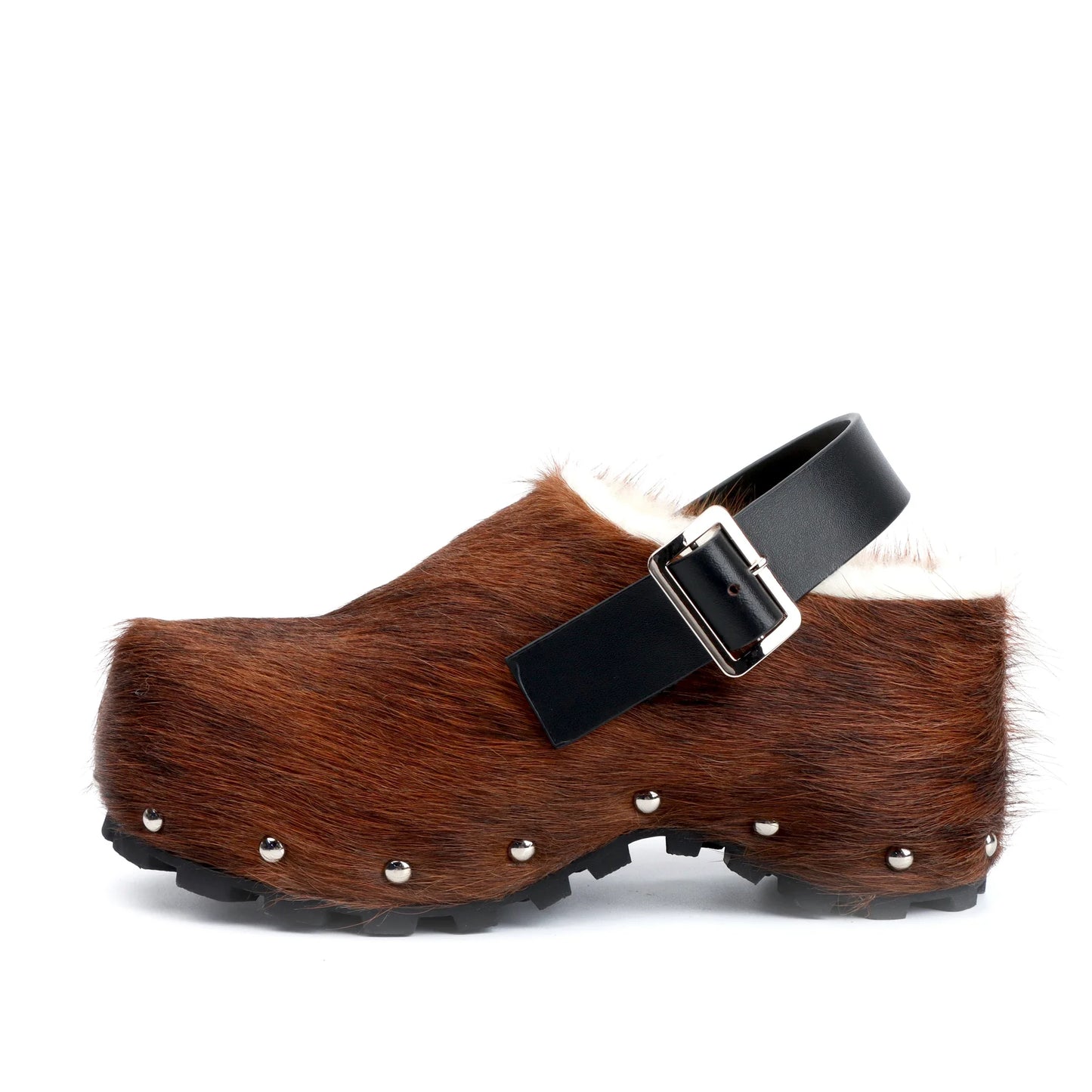 Womens Designer Luxury Platform Mules Real Calf Hair Leather Lined