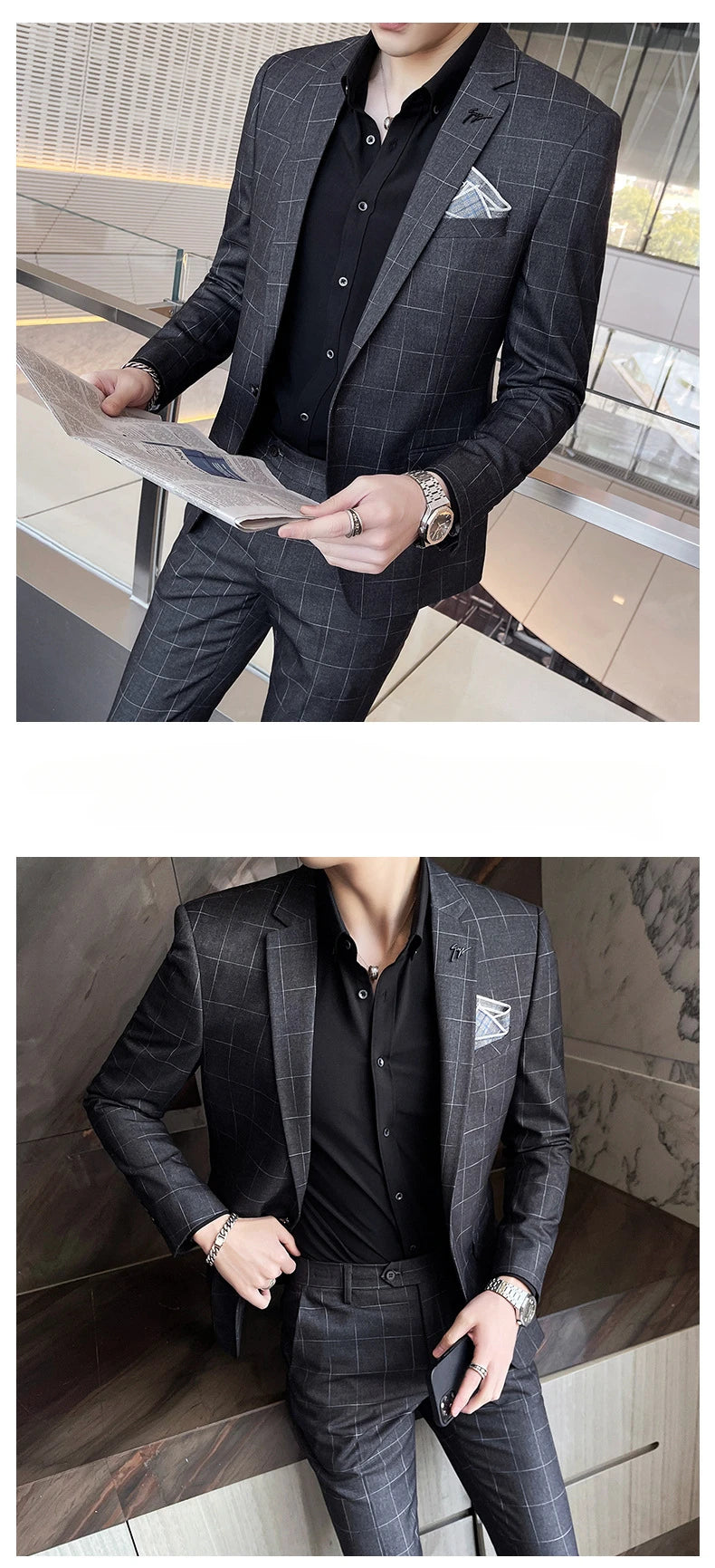 Suit for Men Plaid Slim Men's Two-piece Set