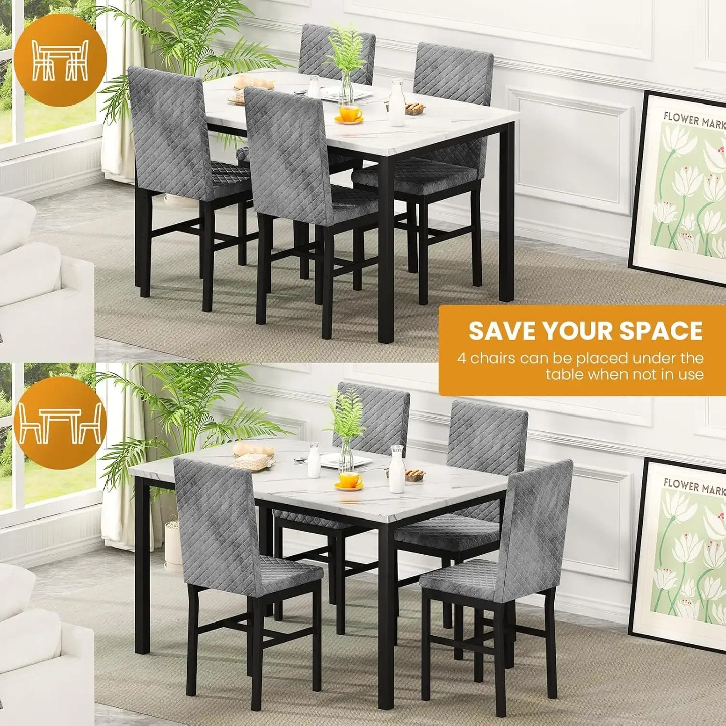 Faux Marble Dining Set with 4 Velvet Upholstered Chairs