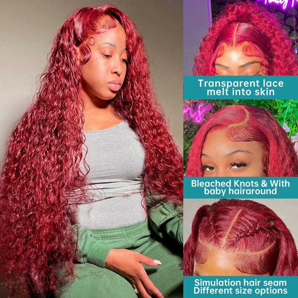 13x4 HD Burgundy Deep Wave Lace Front Wig 220 Density Curly 30 34 Inches
