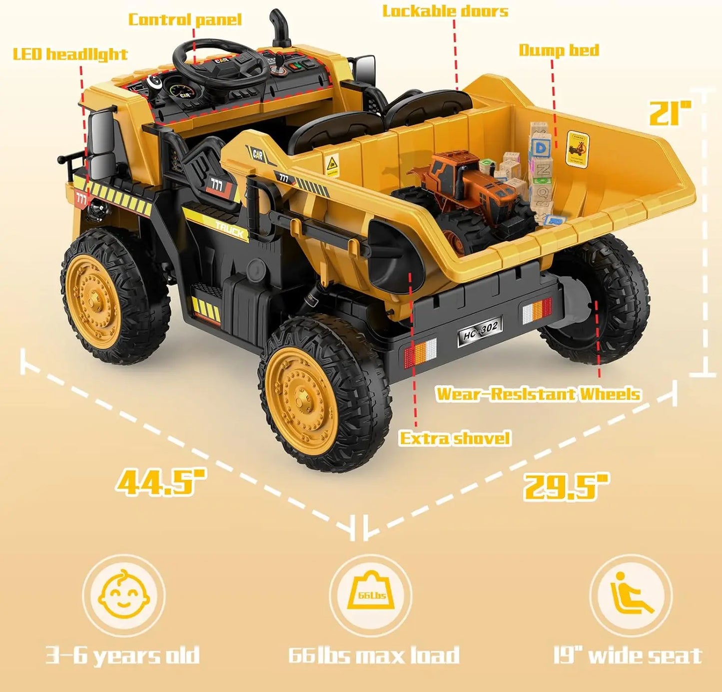 12V Ride on Car with Remote Control, Electric Dump Bed and Extra Shovel