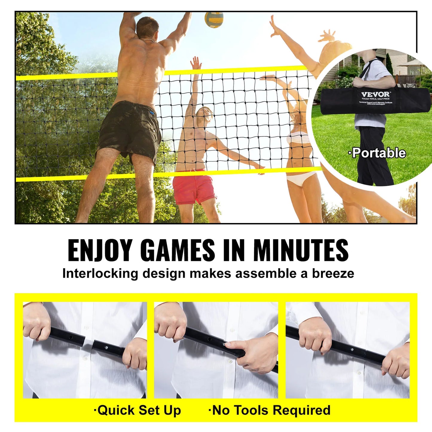 Outdoor Volleyball Adjustable Steel Poles with PVC Volleyball Pump Carrying Bag