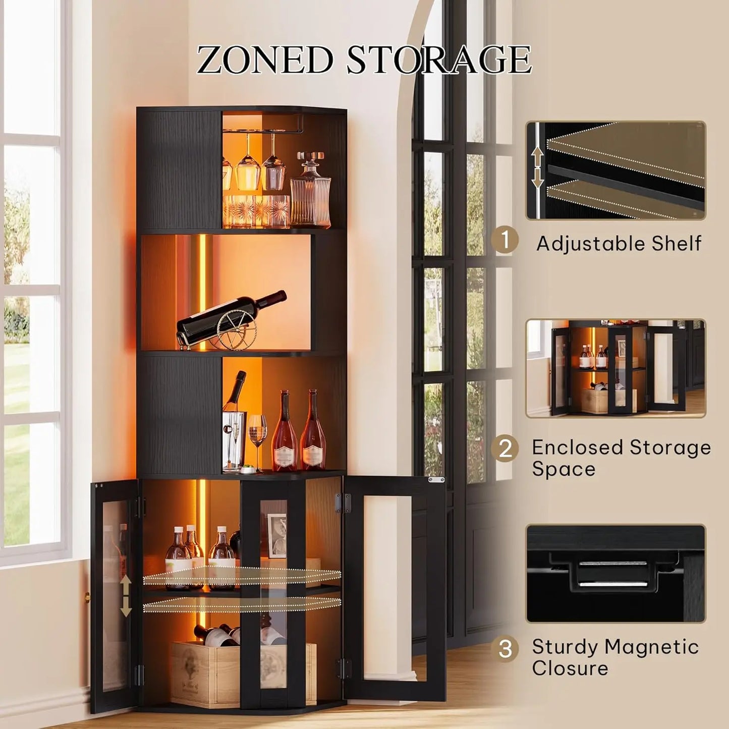 Corner Wine Cabinet with LED Lights & Glass Holder