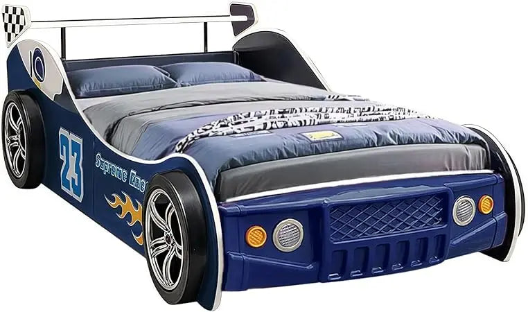 Twin Size Race Car Shaped Platform Bed Frame with Headboard Wheels