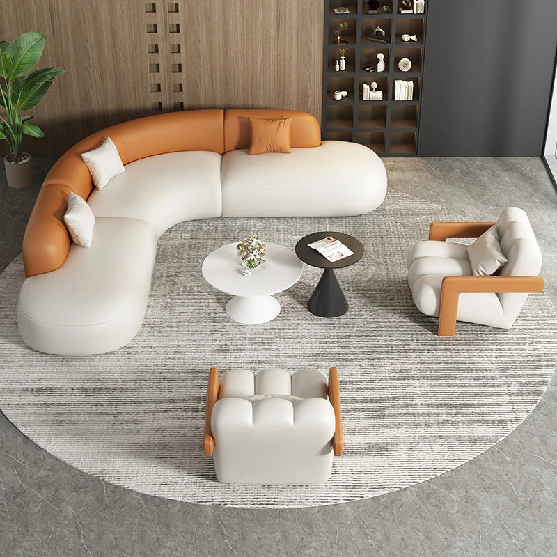 Curved Leather Corner Sofa Set with Solid Wood Frame