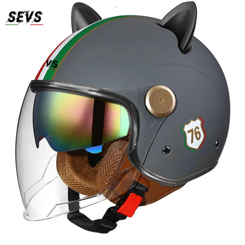 Vintage Cat Ear Motorcycle Helmet Retro Dual Visor