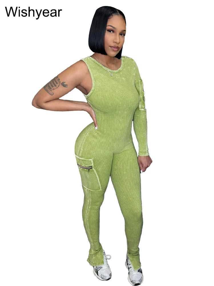 Pocket Single Shoulder Washed Ribbed Jumpsuit