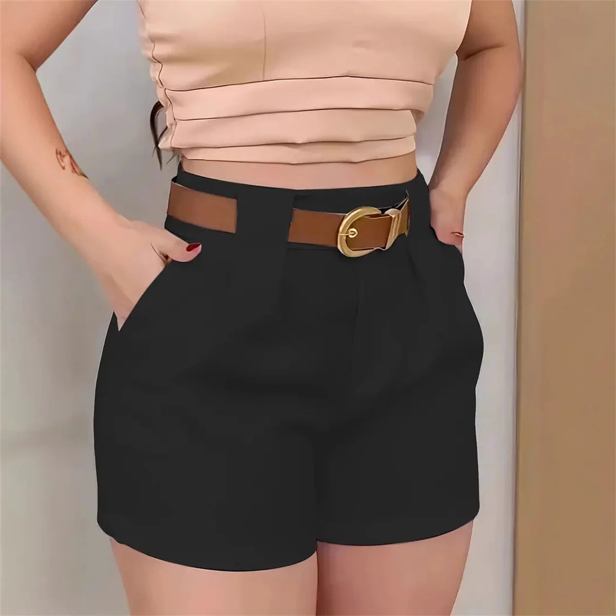 Womens High Waist Solid Color Belt Shorts