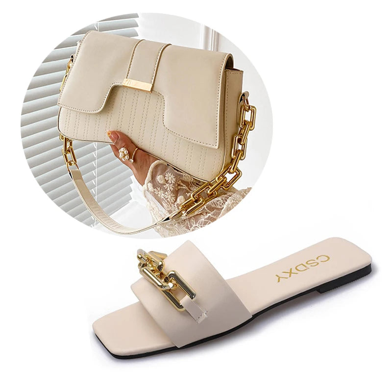 Womens Metal Chain Slippers Summer Flat-bottomed Non-slip