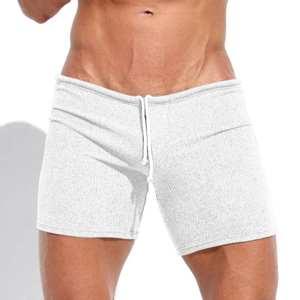 Mens Sexy Drawstring Ribbed Sleepwear Shorts