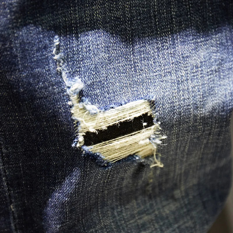Ripped Jeans Slim Fit Dark Blue Destroyed Denim