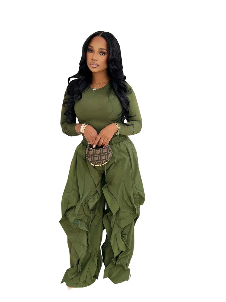 Two Piece Ruffle Drawstring Pants Set