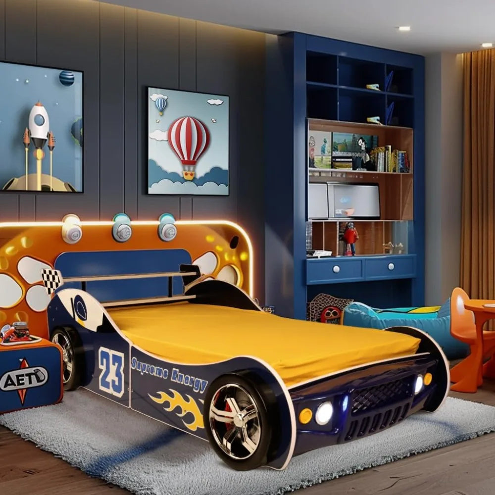 Twin Size Race Car Shaped Platform Bed Frame with Headboard Wheels