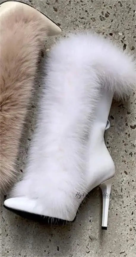 White\Beige Fur Mid Calf High Heel Pointed Toe Boot