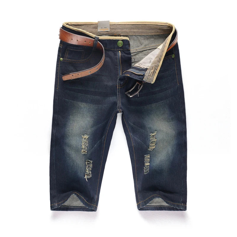 Perforated Denim Casual Straight Shorts