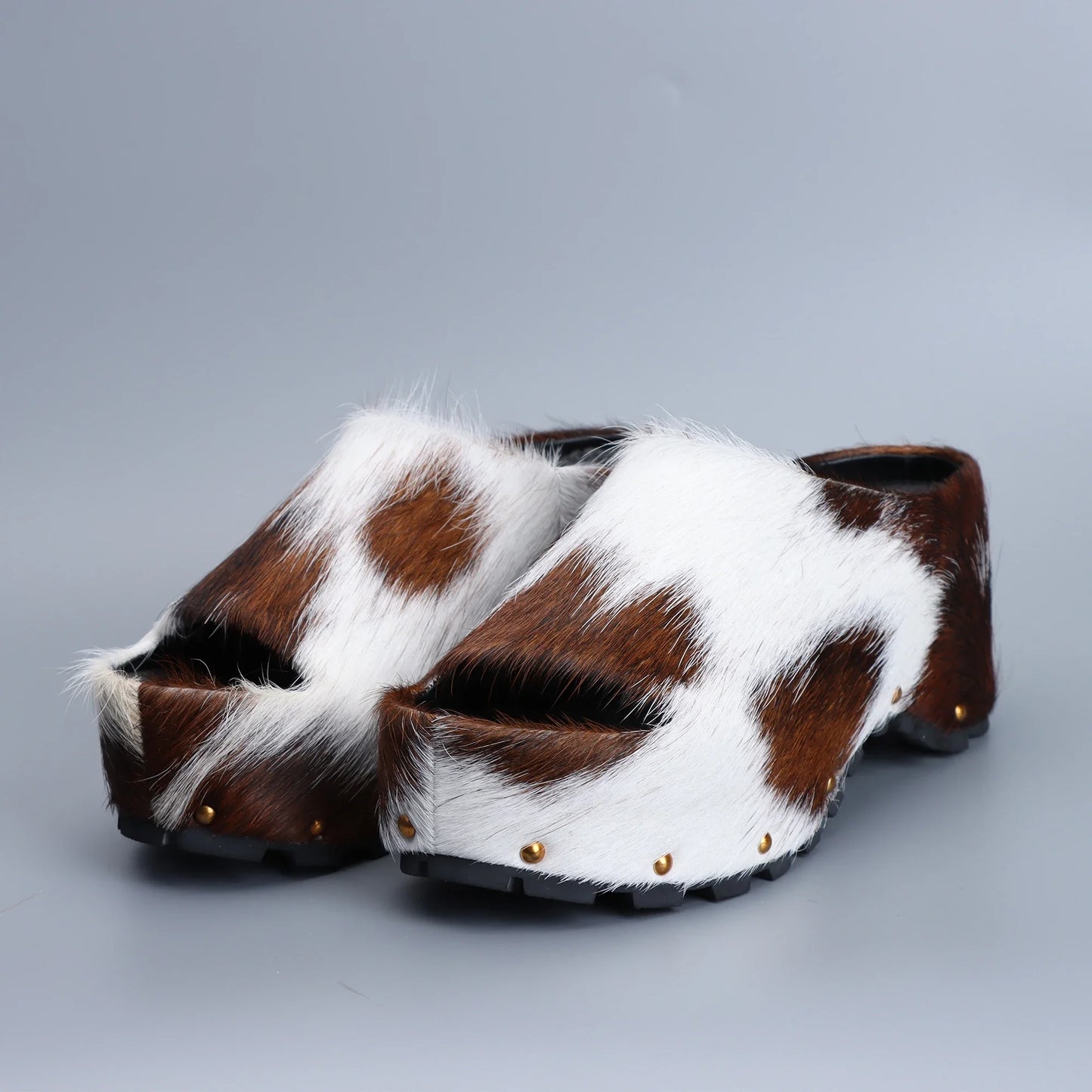 Womens Designer Luxury Platform Mules Real Calf Hair Leather Lined