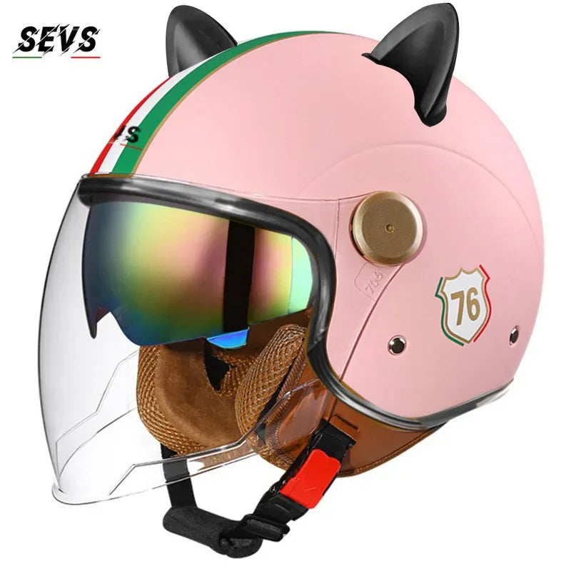 Vintage Cat Ear Motorcycle Helmet Retro Dual Visor