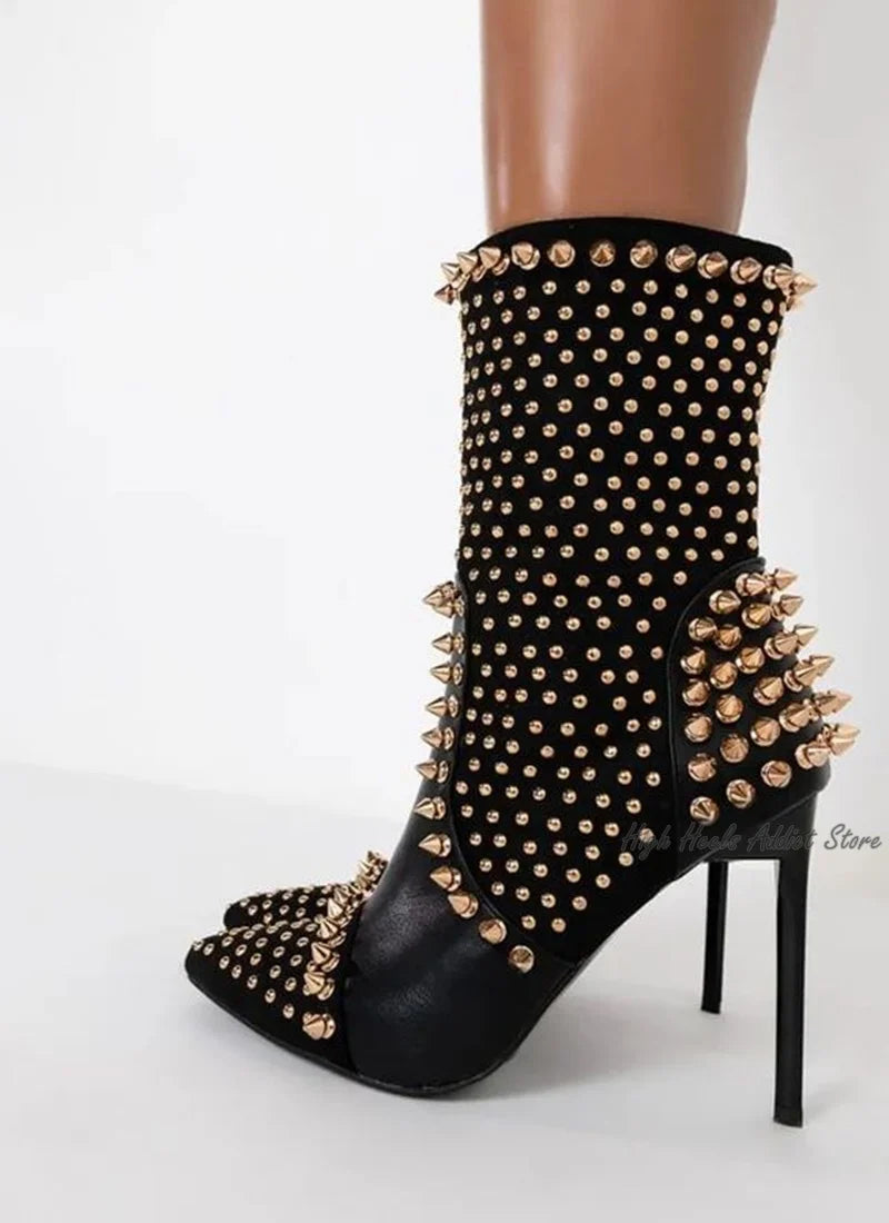 Black Sexy Full Stud High Heels Leather Booties