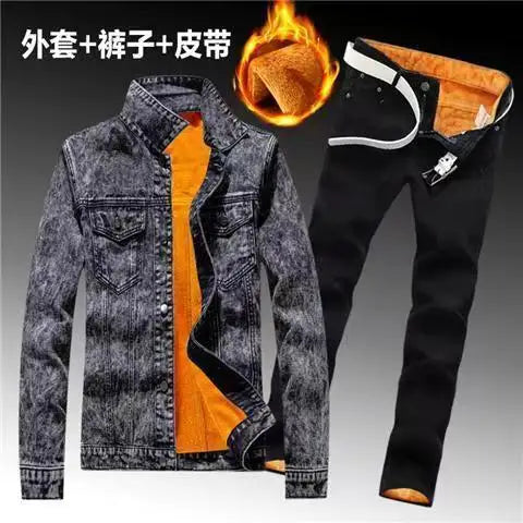 Winter Men Fleece Lining Thick Warm Denim Two Piece Set