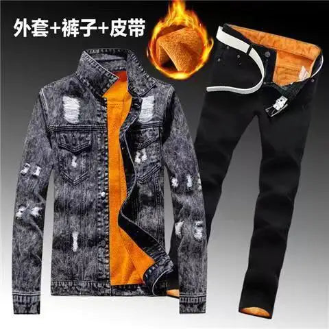 Winter Men Fleece Lining Thick Warm Denim Two Piece Set