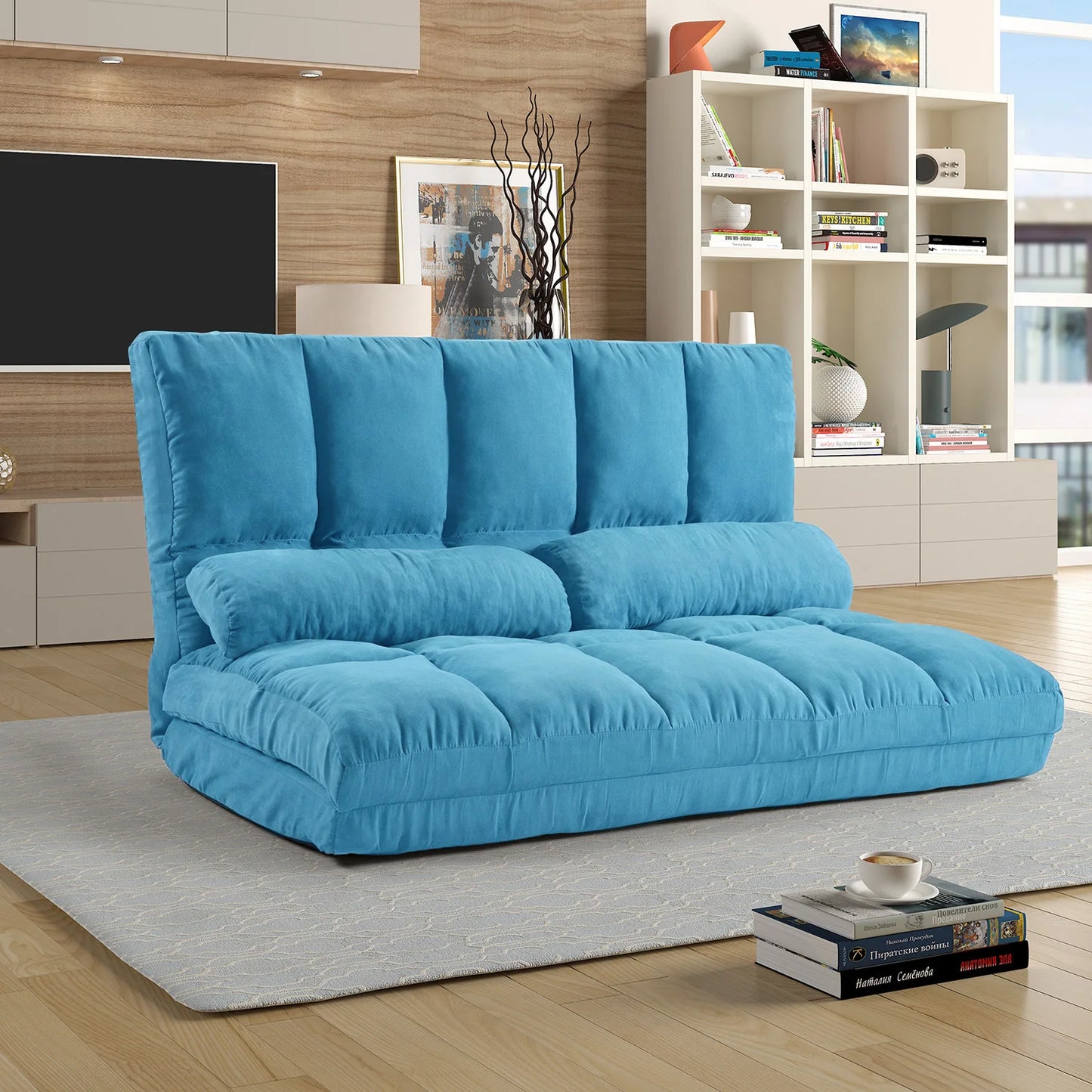 Double Chaise Lounge Sofa with Two Pillows (Blue)