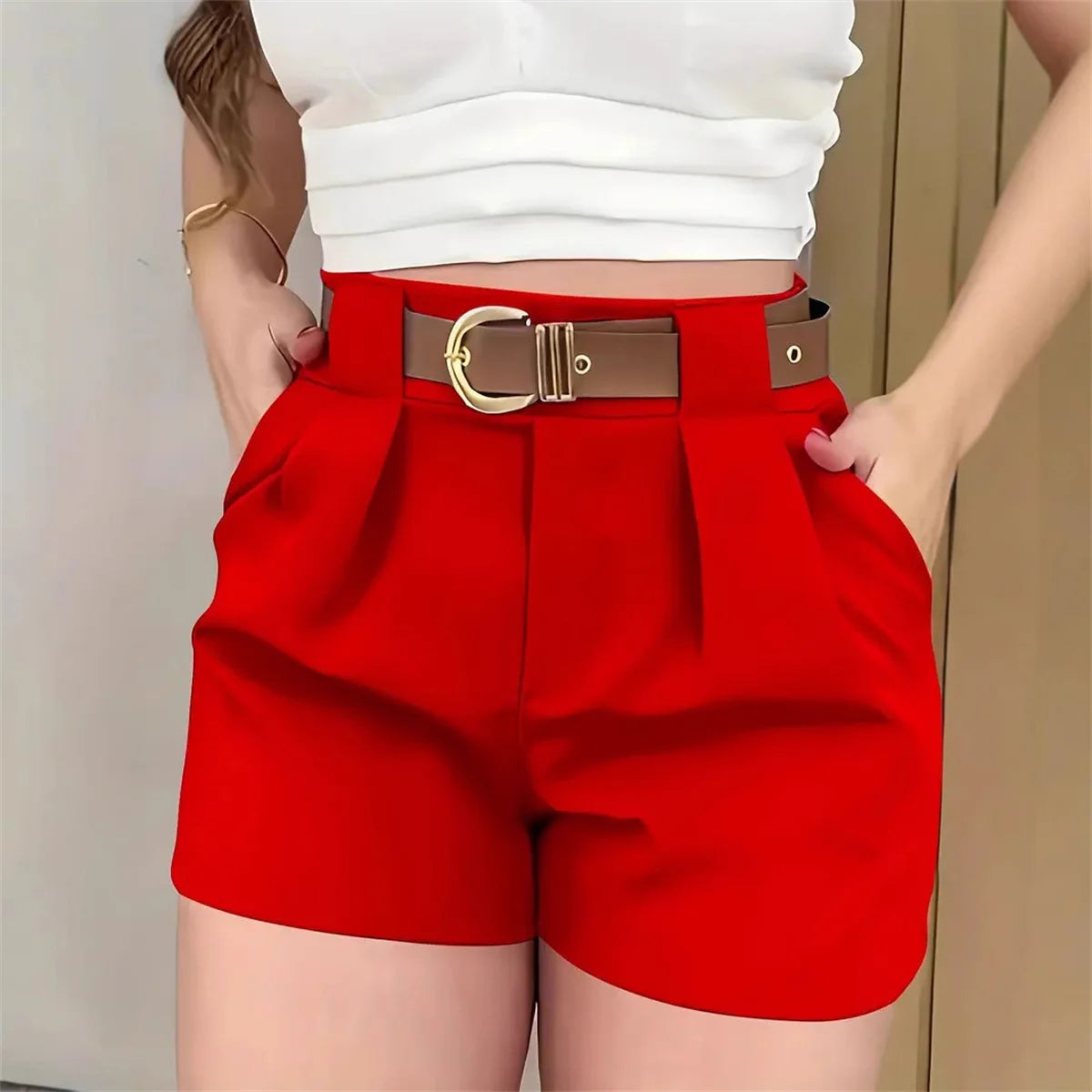 Womens High Waist Solid Color Belt Shorts