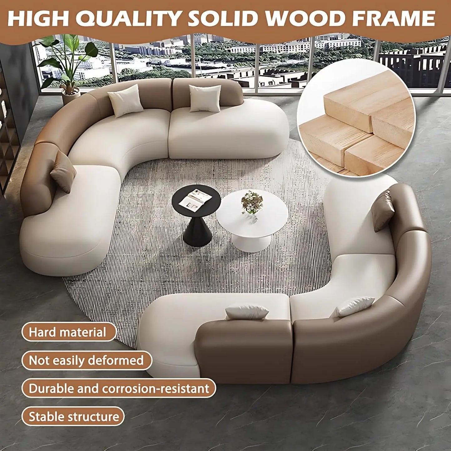 Curved Leather Corner Sofa Set with Solid Wood Frame