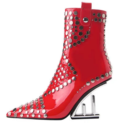 Fashion Rivet Pointed Toe Zipper-Side Patent Leather Strange Heels Shoes