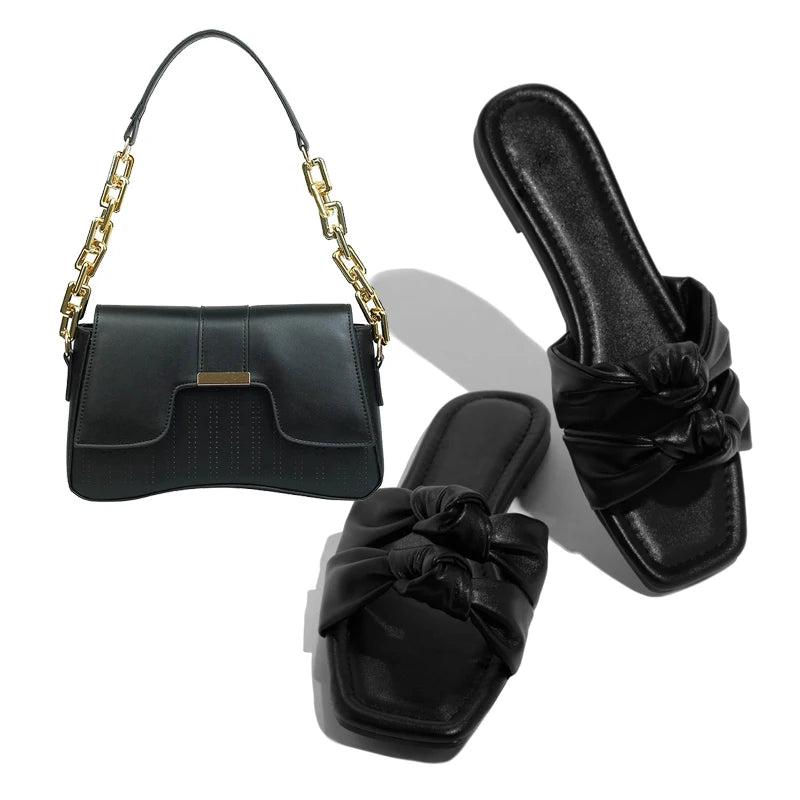 Womens Metal Chain Slippers Summer Flat-bottomed Non-slip