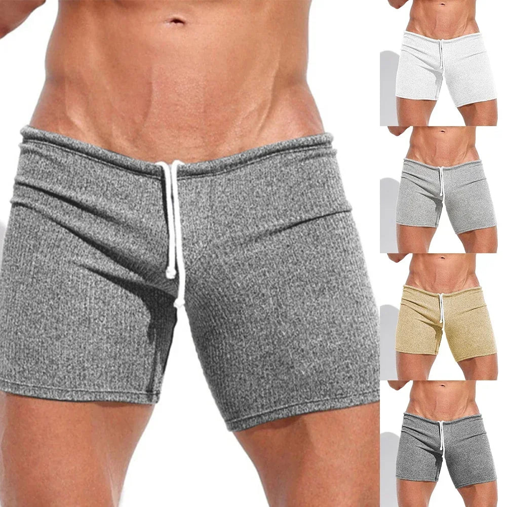 Mens Sexy Drawstring Ribbed Sleepwear Shorts