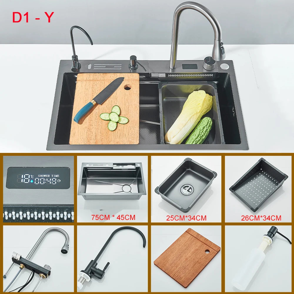 Multifunctional Kitchen Waterfall Sink Digital Display Stainless Steel