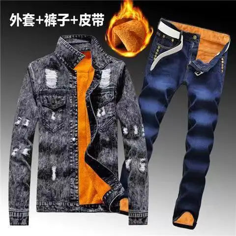 Winter Men Fleece Lining Thick Warm Denim Two Piece Set