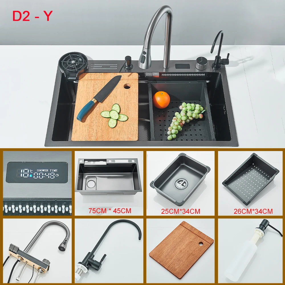 Multifunctional Kitchen Waterfall Sink Digital Display Stainless Steel