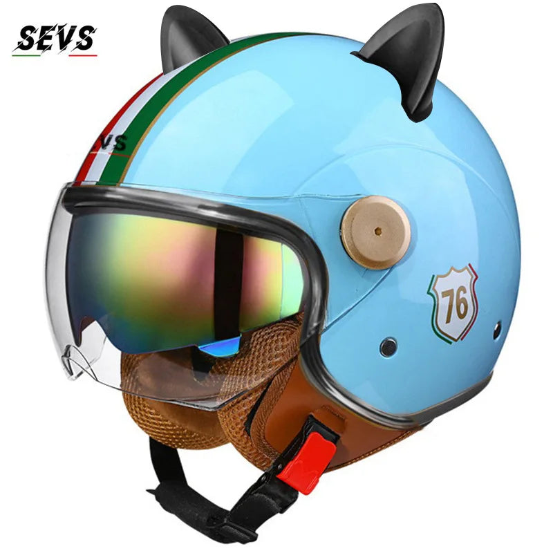 Vintage Cat Ear Motorcycle Helmet Retro Dual Visor