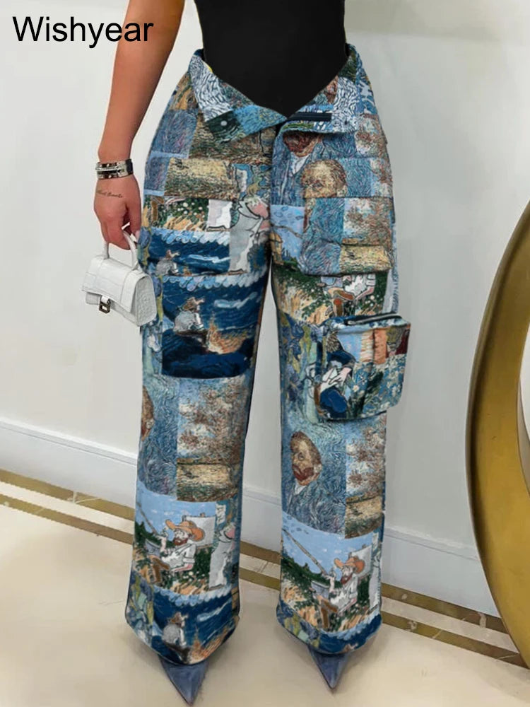 Printed Oil Painting Pattern Multi Pocket Cargo Pants