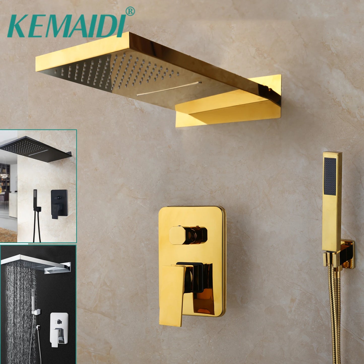 Golden Black Shower System with Hand Spray 3 Functions Rainfall Shower Head