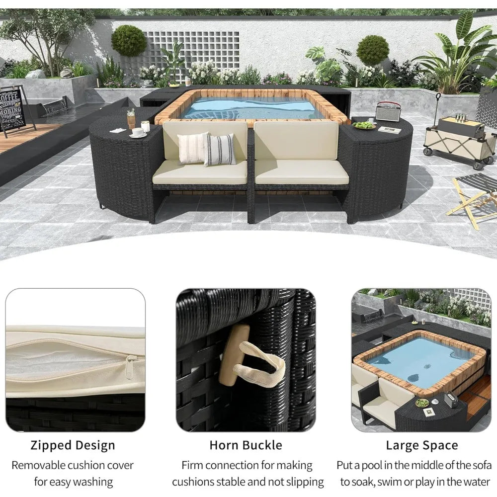 Spa Surround Outdoor Rattan Sofa Set with Wooden Seats