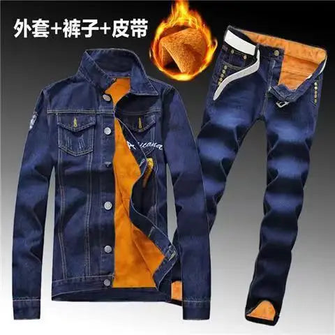 Winter Men Fleece Lining Thick Warm Denim Two Piece Set