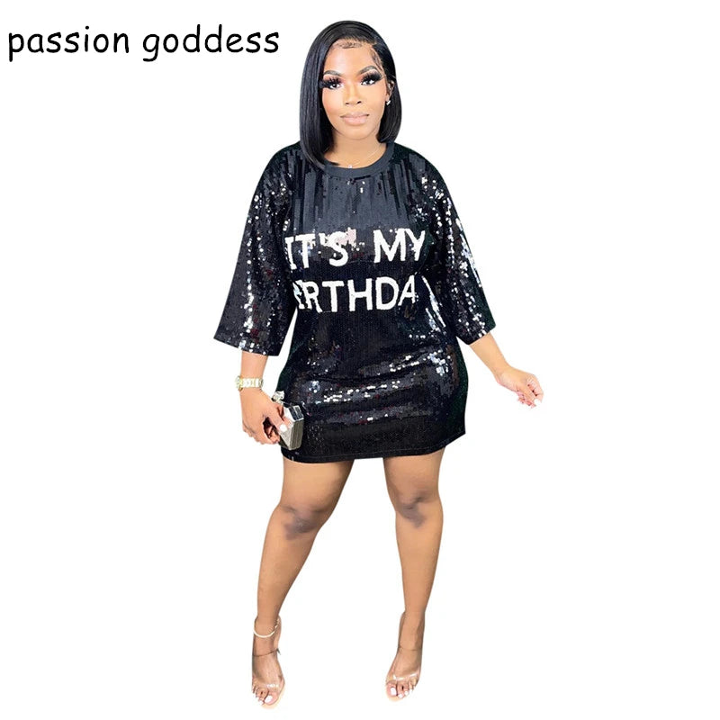 Casual Loose Letter Print Sequins Mini Dress