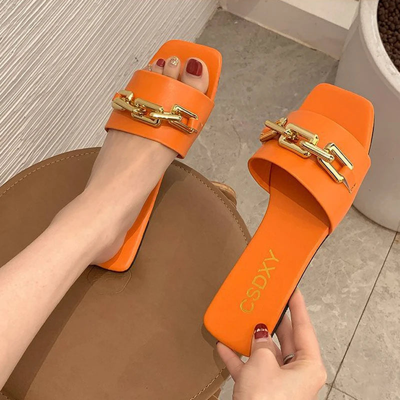 Womens Metal Chain Slippers Summer Flat-bottomed Non-slip