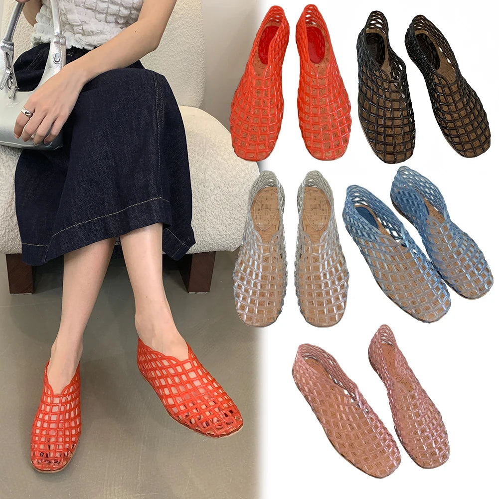Womens Jelly Mesh Square Toe Hollow Out Ballet Flats