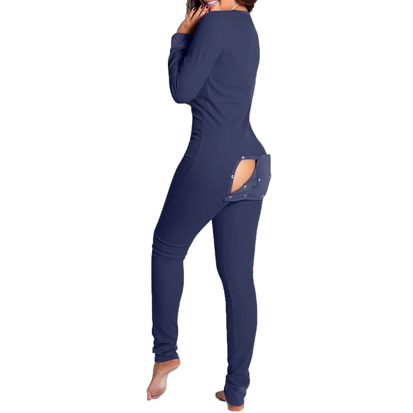 Women's V Neck One Piece Buttoned Flap Pjs